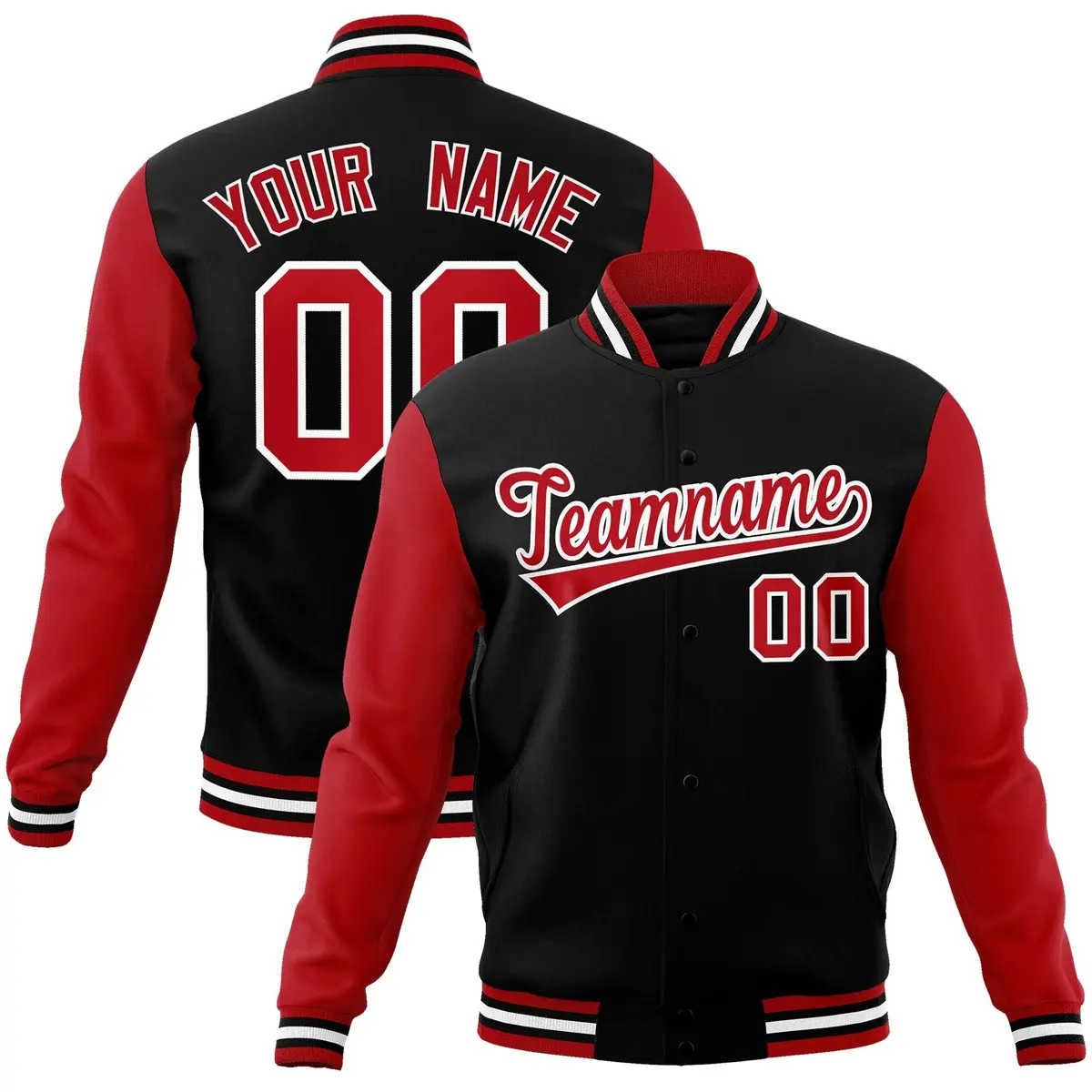 Black Red-White Raglan Varsity Full-Snap Letterman Jacket