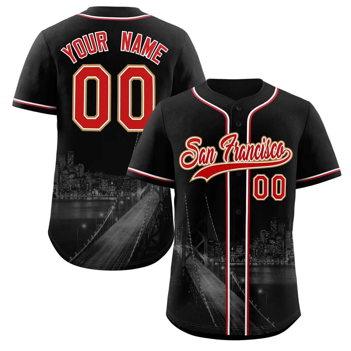 Black Red-White San Francisco City Skyline Baseball Jersey