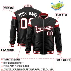Black Red-White Shoulder Color Block Full-Zip Varsity Letterman Jacket 2