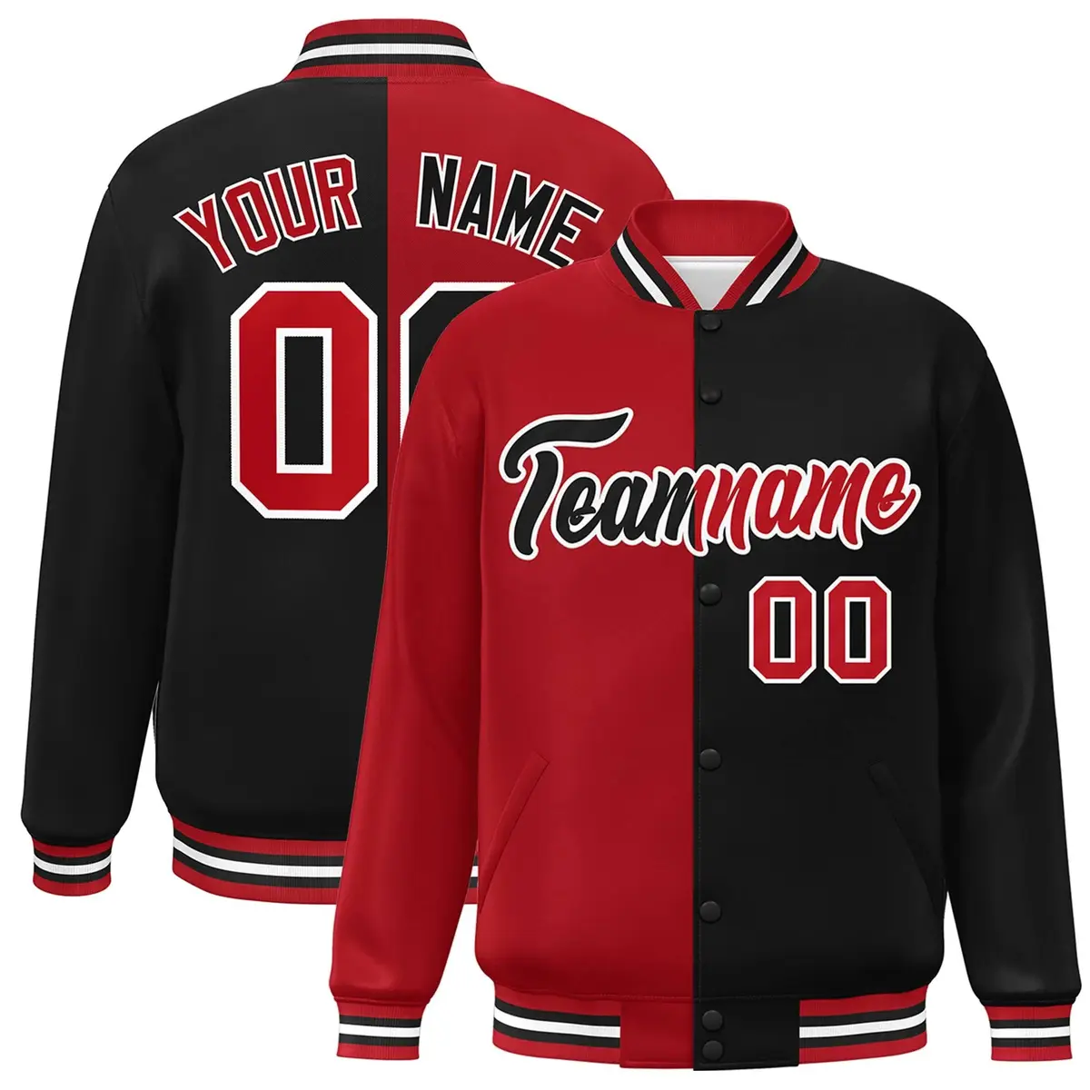 Black Red-White Split Two Tone Letterman Varsity Full-Snap Jacket