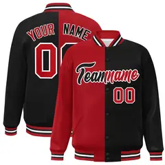 Black Red-White Split Two Tone Letterman Varsity Full-Snap Jacket