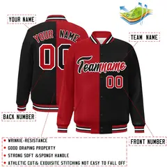 Black Red-White Split Two Tone Letterman Varsity Full-Snap Jacket 2