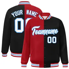 Black Red-White Split Two Tone Letterman Varsity Full-Snap Jacket