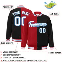 Black Red-White Split Two Tone Letterman Varsity Full-Snap Jacket 2