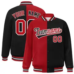 Black Red-White Split Two Tone Letterman Varsity Full-Snap Jacket