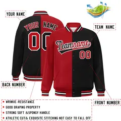 Black Red-White Split Two Tone Letterman Varsity Full-Snap Jacket 2
