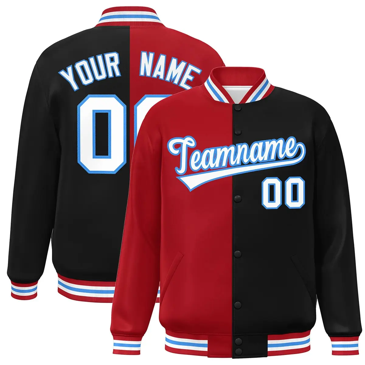 Black Red-White Split Two Tone Letterman Varsity Full-Snap Jacket