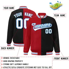 Black Red-White Split Two Tone Letterman Varsity Full-Snap Jacket 2