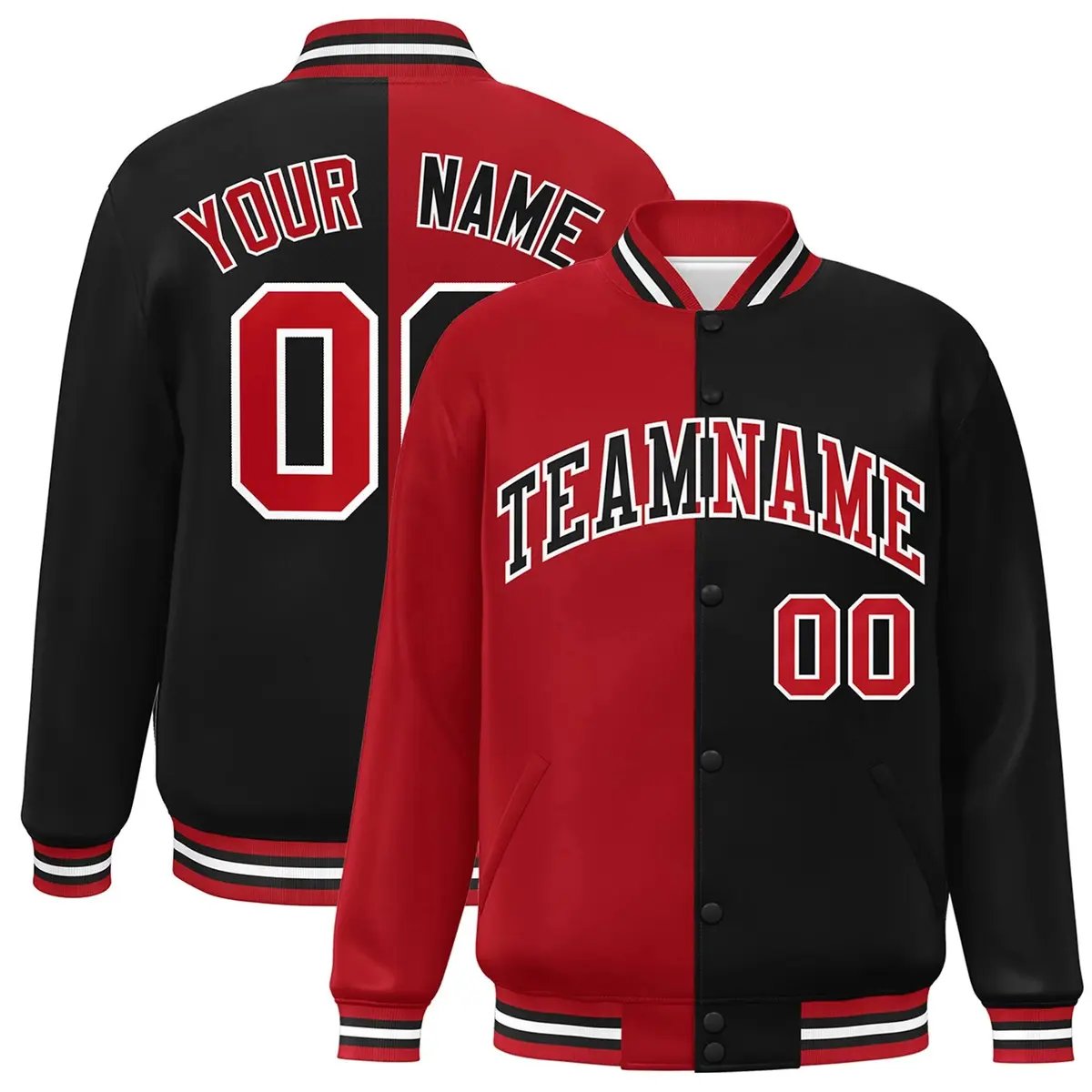 Black Red-White Split Two Tone Letterman Varsity Full-Snap Jacket