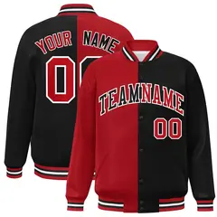 Black Red-White Split Two Tone Letterman Varsity Full-Snap Jacket