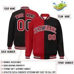 Black Red-White Split Two Tone Letterman Varsity Full-Snap Jacket 2