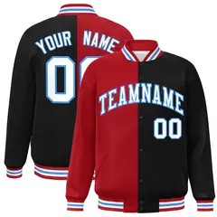 Black Red-White Split Two Tone Letterman Varsity Full-Snap Jacket