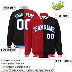 Black Red-White Split Two Tone Letterman Varsity Full-Snap Jacket 2