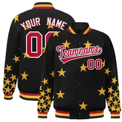 Black Red-White Star Graffiti Varsity Full-Snap Bomber Jacket