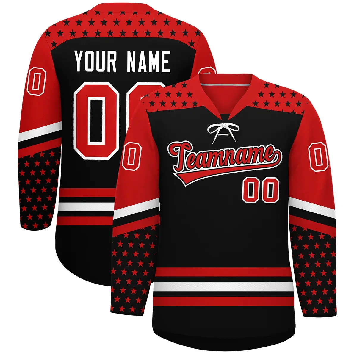 Black Red White Star Series Lace-Up Neck Hockey Jersey