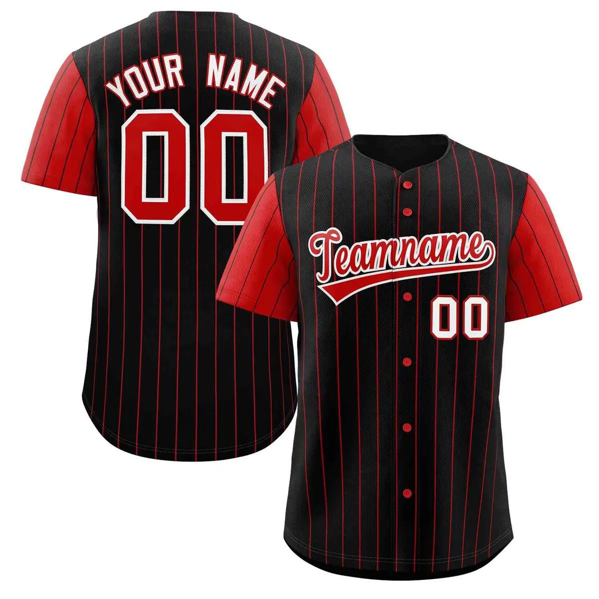 Black Red-White Stripe Raglan Baseball Jersey