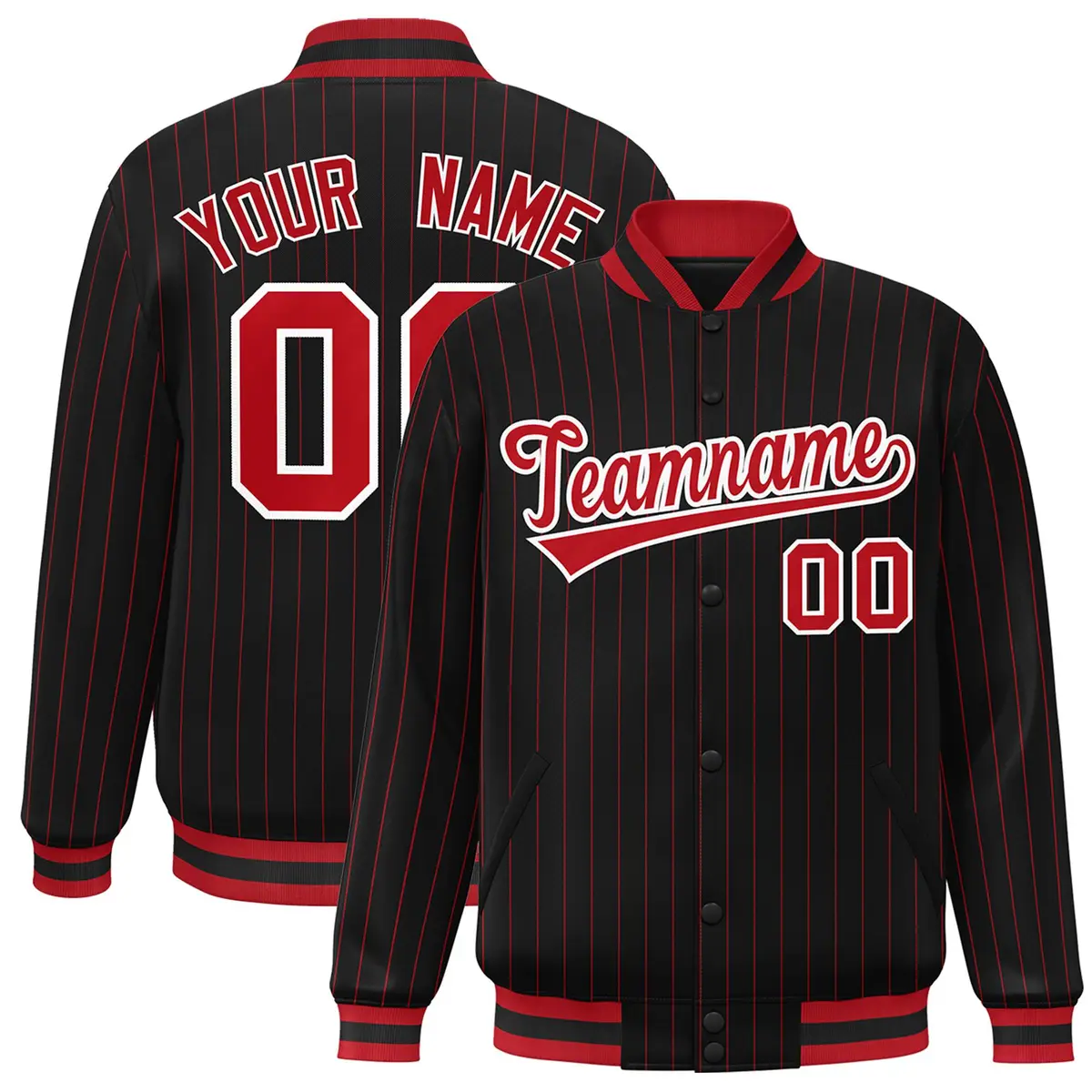 Black Red-White Stripe Varsity Full-Snap Bomber Jacket