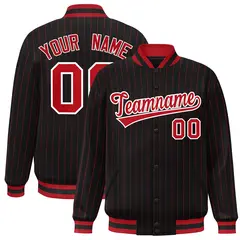 Black Red-White Stripe Varsity Full-Snap Bomber Jacket