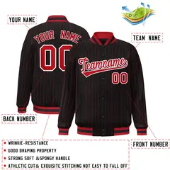 Black Red-White Stripe Varsity Full-Snap Bomber Jacket 2