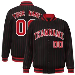 Black Red-White Stripe Varsity Letterman Bomber Jacket