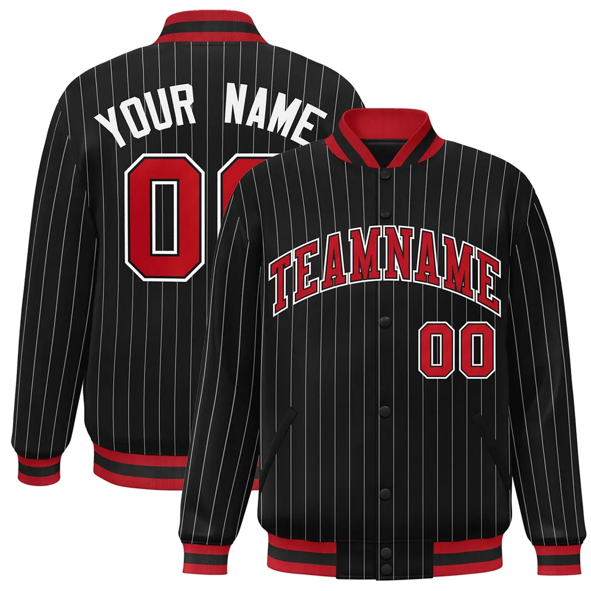 Black Red-White Stripe Varsity Letterman Bomber Jacket