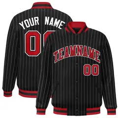 Black Red-White Stripe Varsity Letterman Bomber Jacket