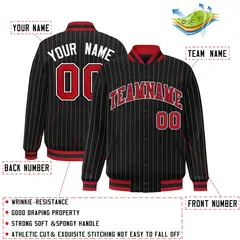 Black Red-White Stripe Varsity Letterman Bomber Jacket 2