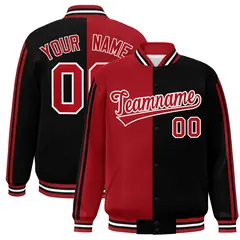 Black Red-White Two Tone Color Block Varsity Baseball Bomber Jacket