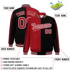Black Red-White Two Tone Color Block Varsity Baseball Bomber Jacket 2