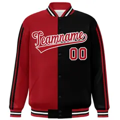 Black Red-White Two Tone Color Block Varsity Baseball Bomber Jacket 3