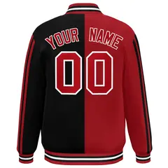 Black Red-White Two Tone Color Block Varsity Baseball Bomber Jacket 4