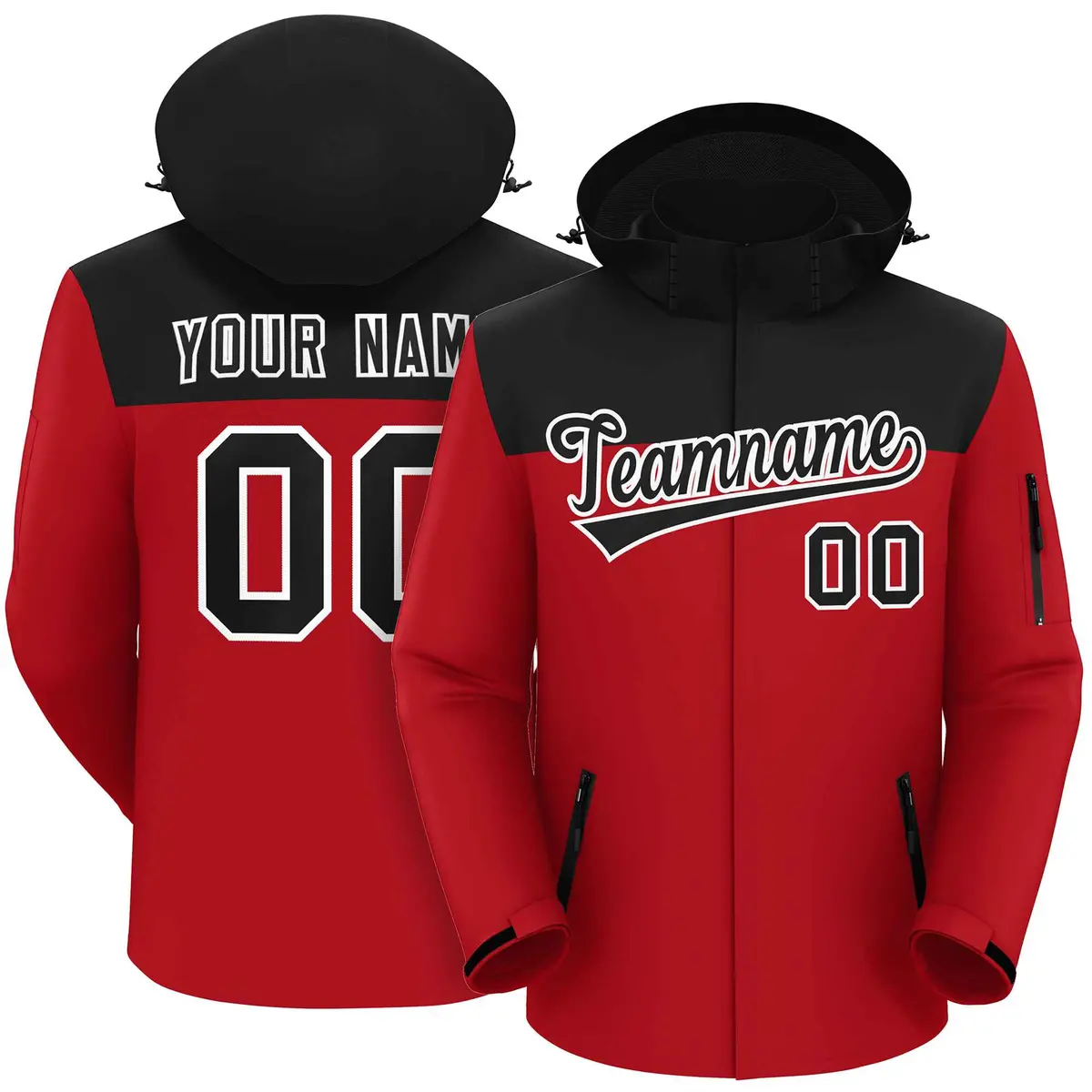 Black Red-White Two Tone Hooded Waterproof Jacket