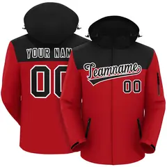 Black Red-White Two Tone Hooded Waterproof Jacket