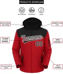 Black Red-White Two Tone Hooded Waterproof Jacket 2