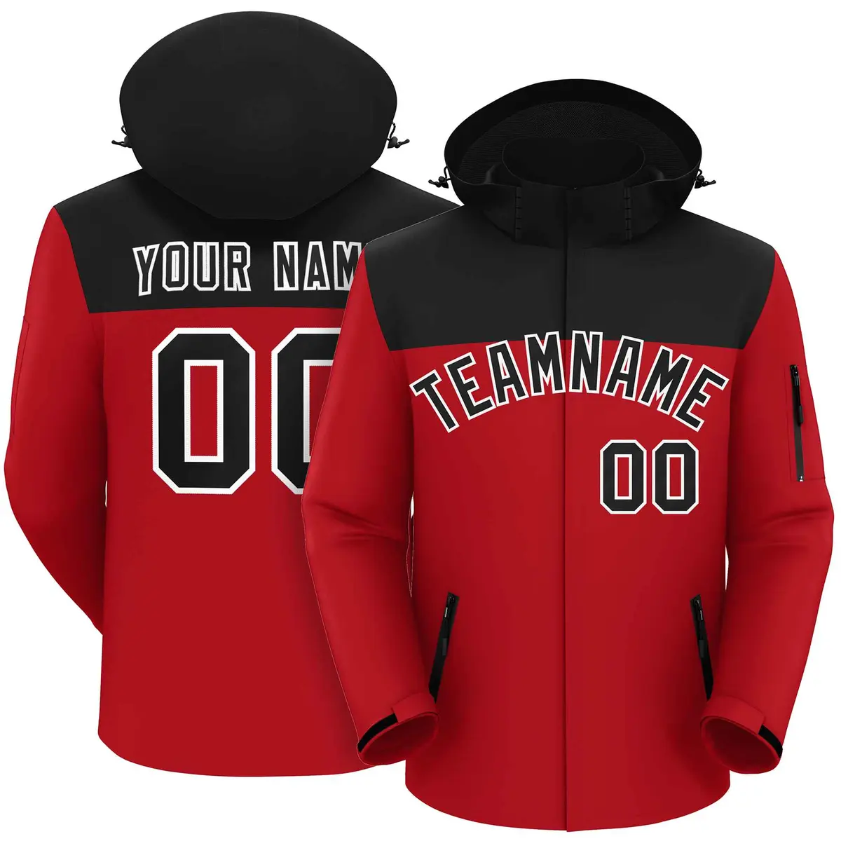Black Red-White Two Tone Hooded Waterproof Jacket