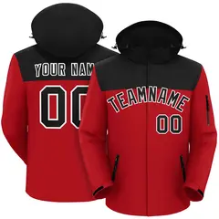 Black Red-White Two Tone Hooded Waterproof Jacket