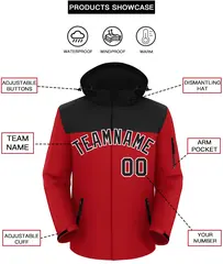 Black Red-White Two Tone Hooded Waterproof Jacket 2