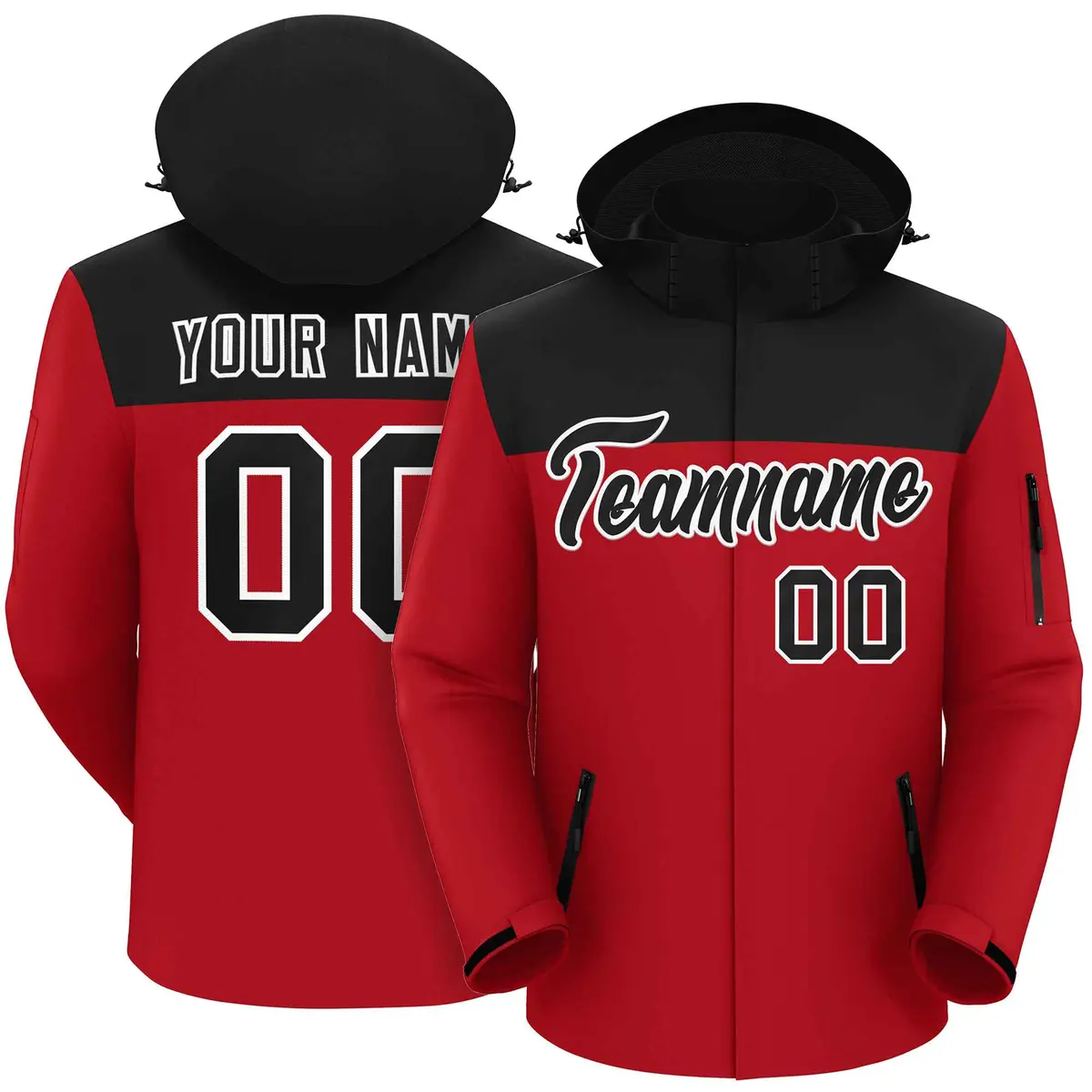 Black Red-White Two Tone Hooded Waterproof Jacket