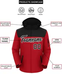 Black Red-White Two Tone Hooded Waterproof Jacket 2