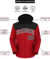 Black Red-White Two Tone Hooded Waterproof Jacket 2