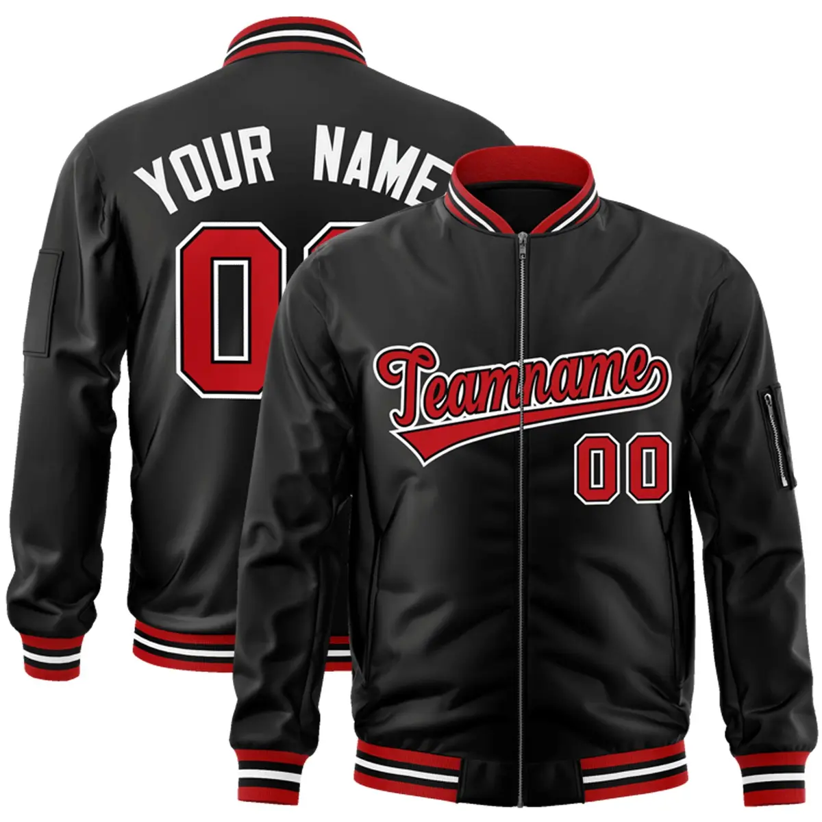 Black Red-White Varsity Full-Zip Letterman Bomber Jacket