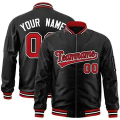 Black Red-White Varsity Full-Zip Letterman Bomber Jacket