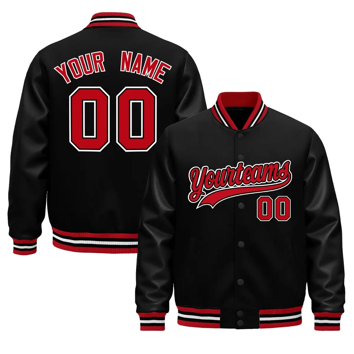 Black Red White Varsity Jacket with Faux Leather Sleeves