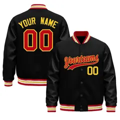 Black Red White Varsity Jacket with Faux Leather Sleeves 1
