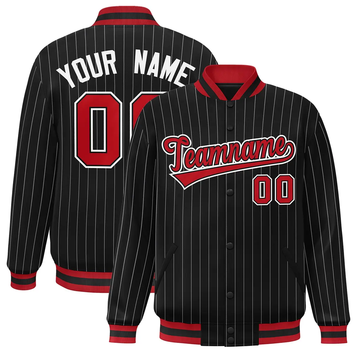 Black Red-White Varsity Stripe Full-Snap Bomber Jacket