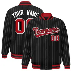 Black Red-White Varsity Stripe Full-Snap Bomber Jacket
