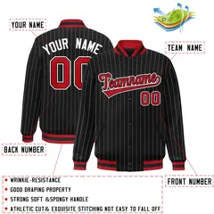 Black Red-White Varsity Stripe Full-Snap Bomber Jacket 2