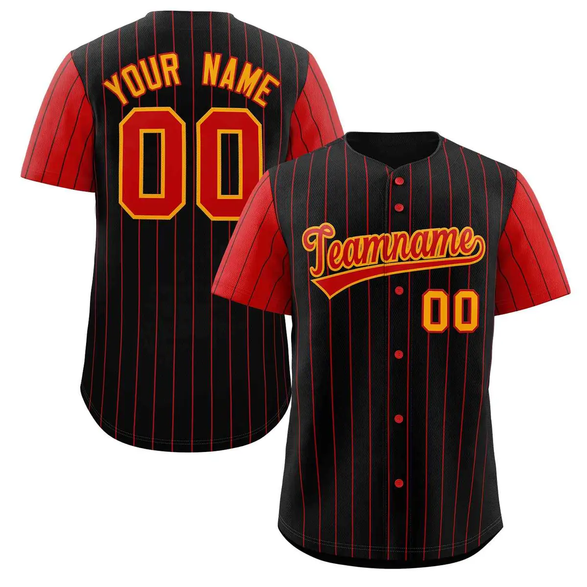 Black Red-Yellow Stripe Raglan Baseball Jersey