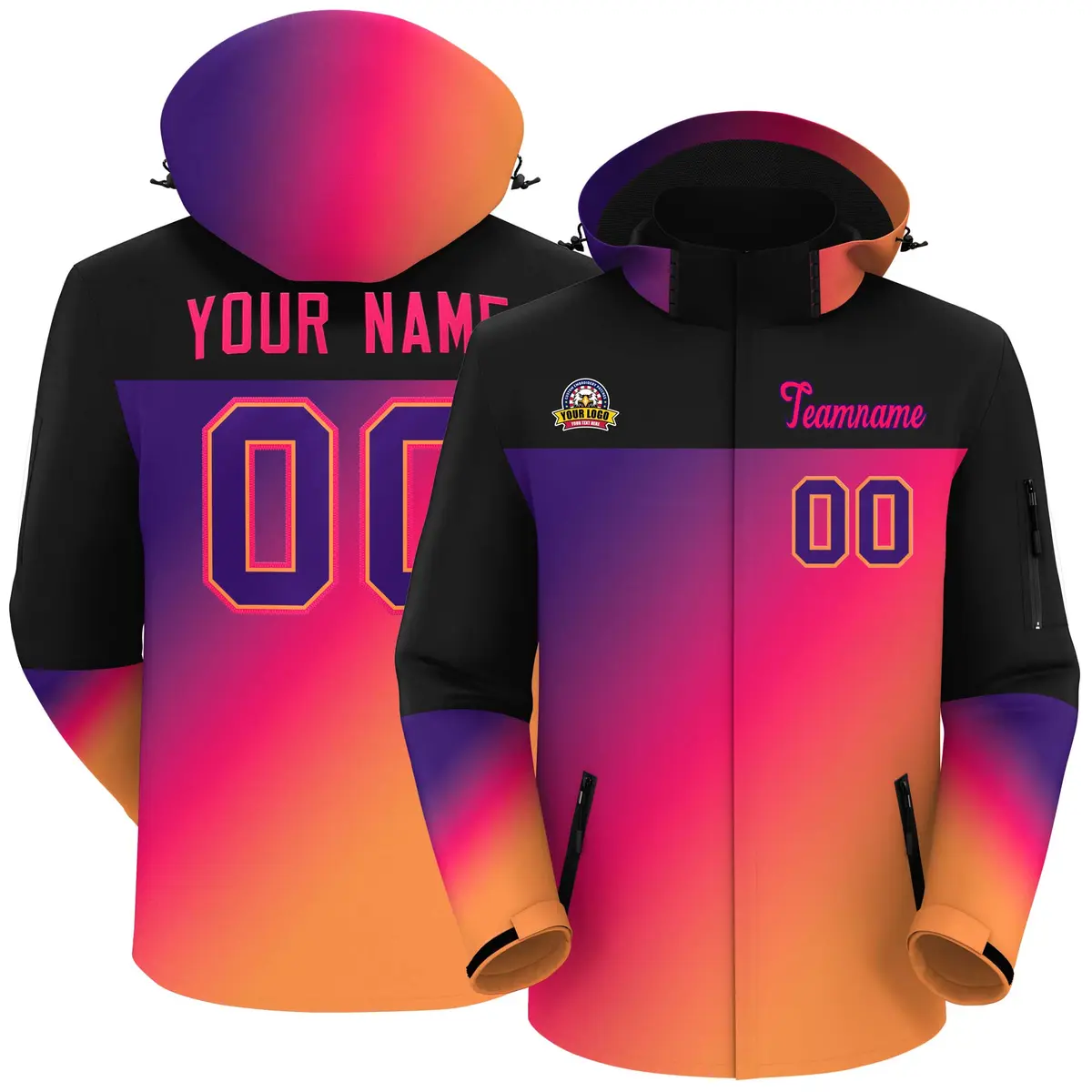 Black Rose Red-Purple Gradient Hooded Waterproof Jacket