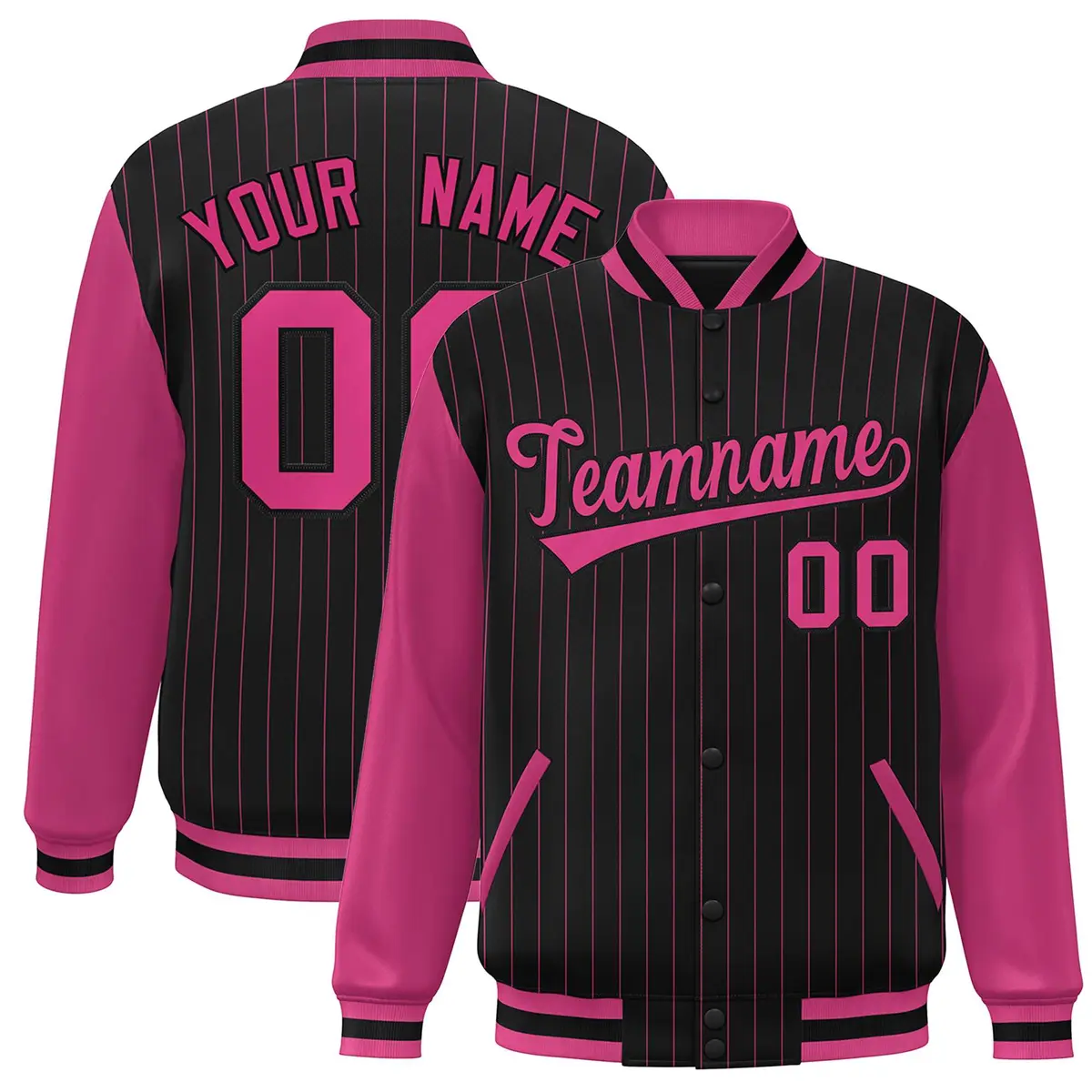 Black Rose Red Stripe Varsity Bomber Jacket with Raglan Sleeves